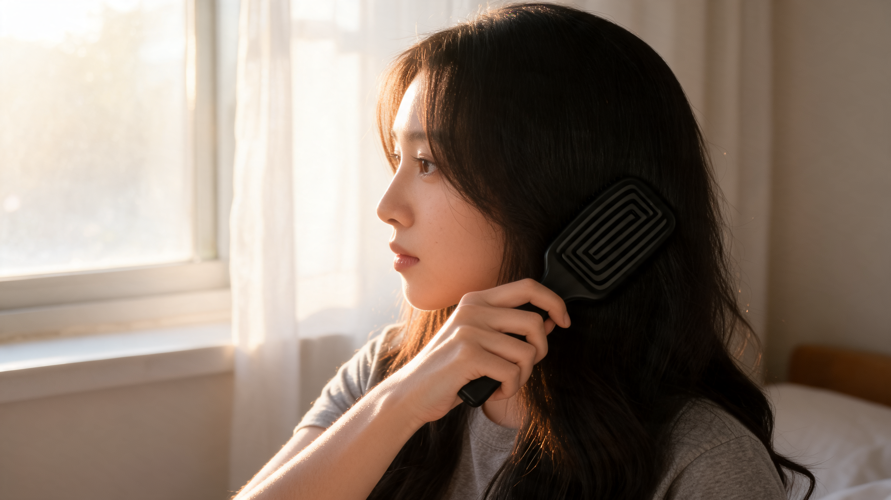 窗邊晨光中用碳極梳梳頭的女生