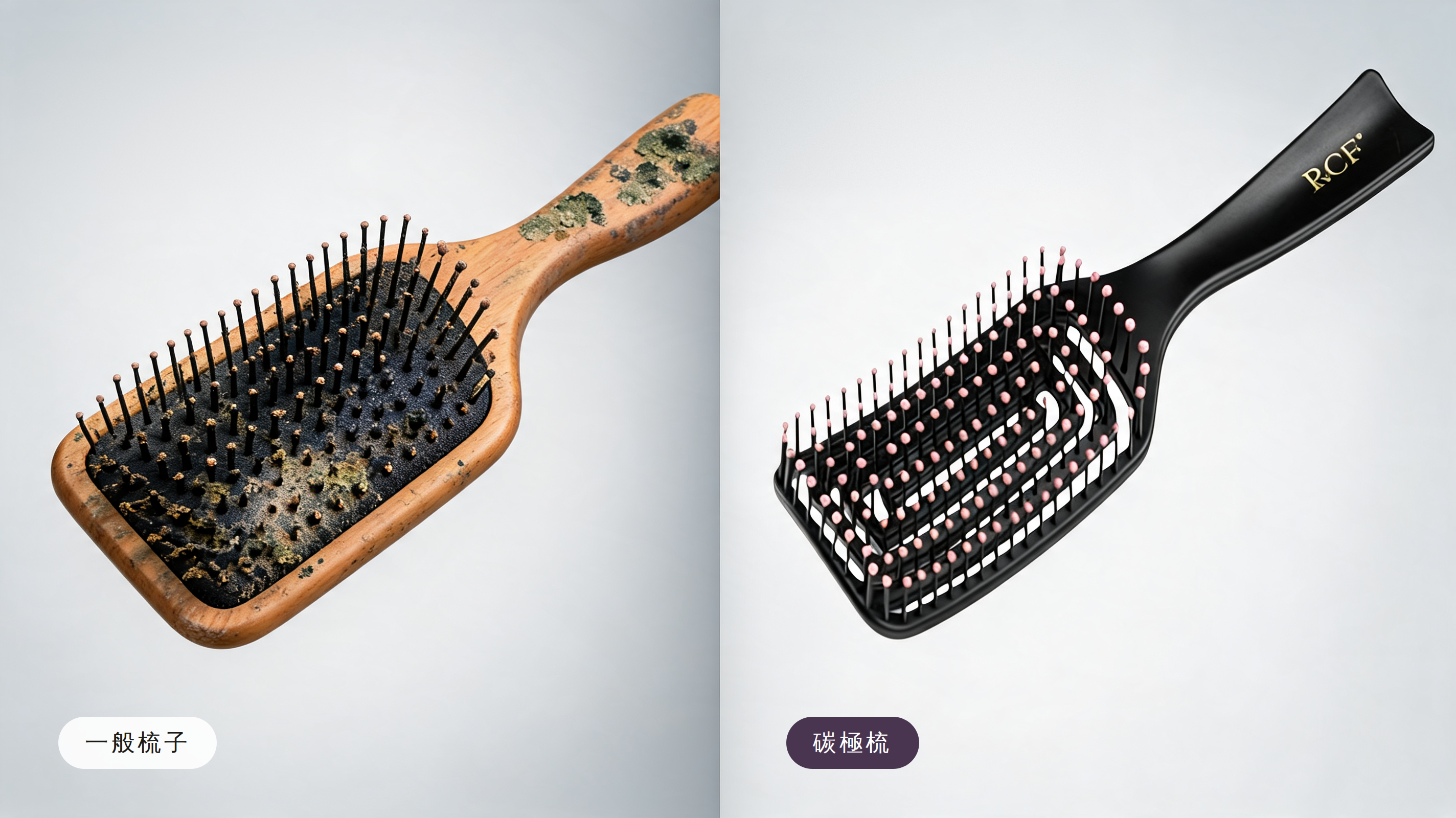 受潮發霉的一般梳子與乾淨的碳極梳對比